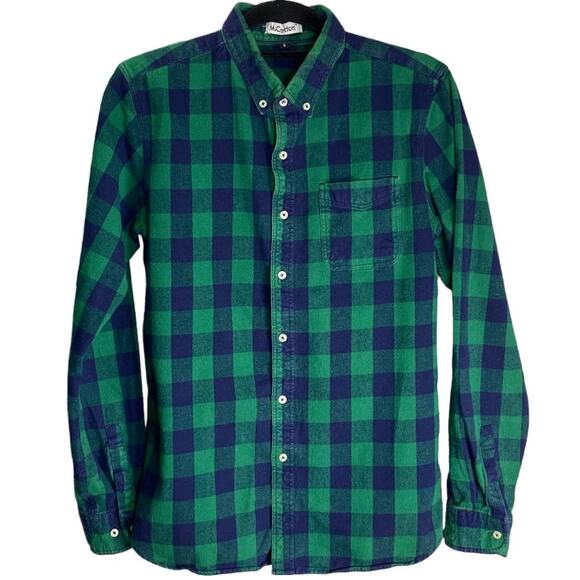 M¡Cotton Mens Western Check Flannel Plaid Button Up Shirt Green Blue Size Small - Picture 1 of 8